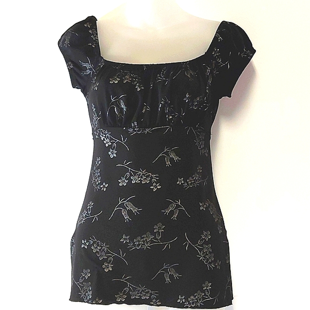 3 for $25 - Kismet Black Top with Silver Flowers, Size Small